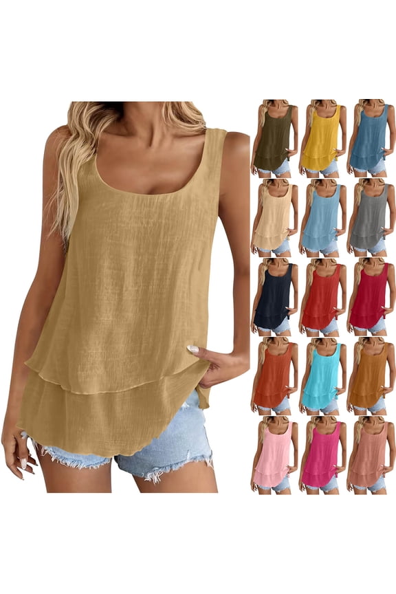 Layered Linen Tank Tops for Women Summer Beach Casual Tunic Shirts Sleeveless Loose Elegant Going Out Blouse