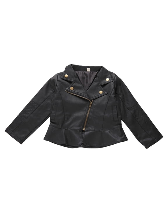Leather Jacket for Girl Boy Kids Baby Lapel Zipper Cropped Outwear Long Sleeved Spring Outwear Coat (12-18 Months, Black)