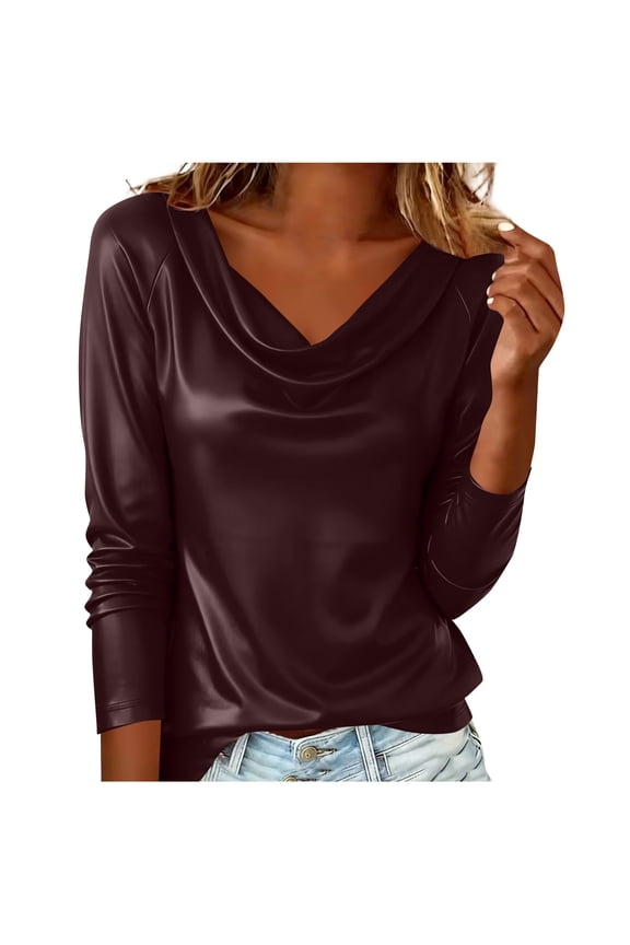 Leather Tops for Women Dressy Casual Cowl Neck Long Sleeve Top Spring Fashion Business Blouses