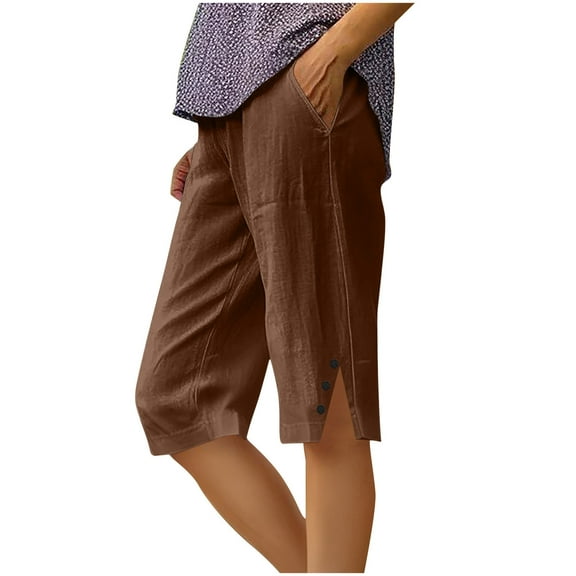 Diufon Linen Capri Pants for Women Knee Length Cotton Capris Summer Straight Leg Loose Beach Shorts with Pockets