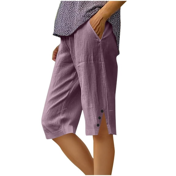 Diufon Linen Capri Pants for Women Knee Length Cotton Capris Summer Straight Leg Loose Beach Shorts with Pockets