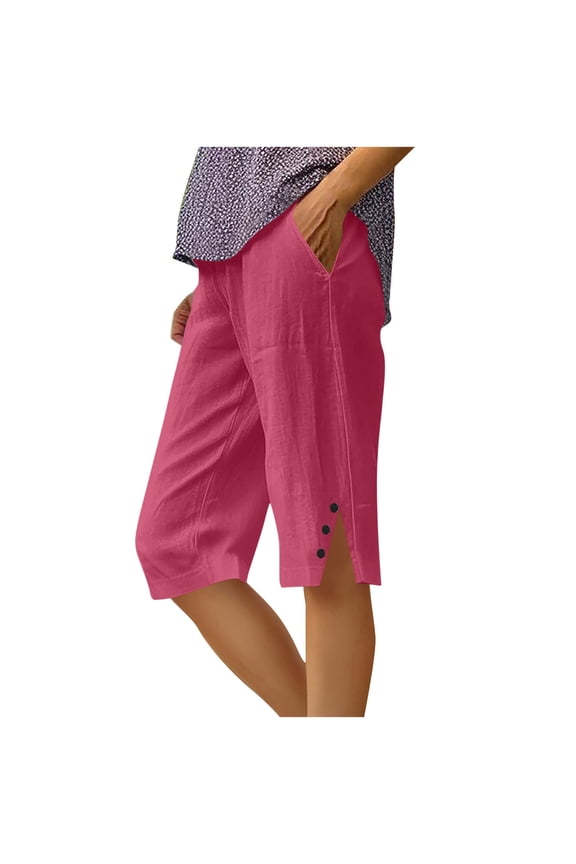 Linen Capri Pants for Women Summer Straight Leg Loose Capris Knee Length Beach Shorts with Pockets