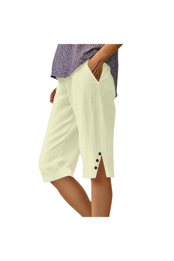 Linen Capri Pants for Women Summer Straight Leg Loose Capris Knee Length Beach Shorts with Pockets