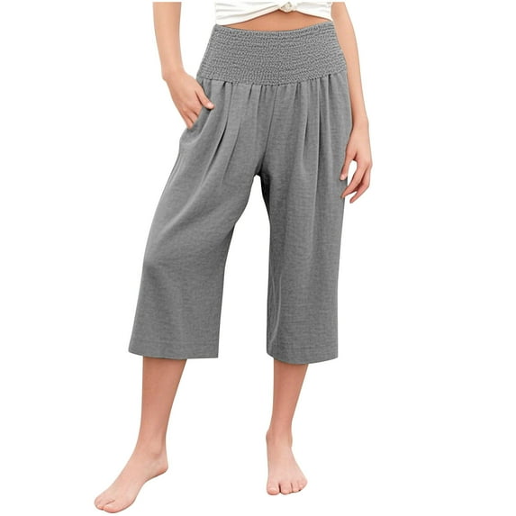 Diufon Linen Capris for Girls Summer Palazzo Smocked High Waist Capri Pants Beach Vacation Pants with Pockets