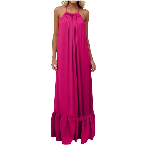 Diufon Linen Dresses for Women Summer Beach Backless Maxi Dress Solid Color Pleated Ruffle Hem Dresses