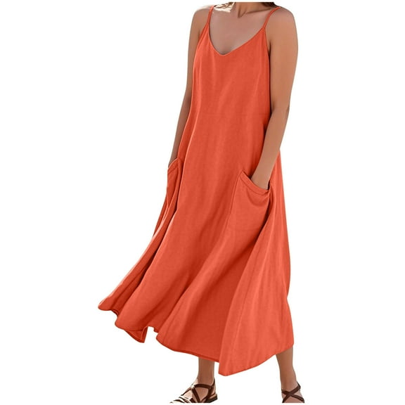 Diufon Linen Dresses for Women Summer Casual Loose Sleeveless Dress Solid Color Long Maxi Dress with Pockets