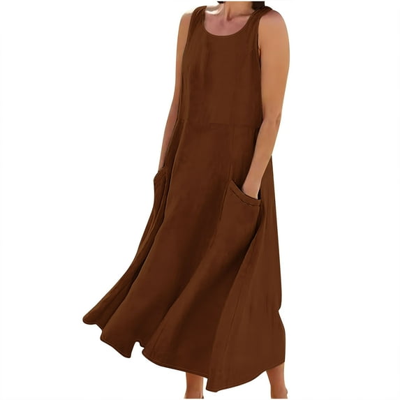 Diufon Linen Dresses for Women Summer Round Neck Sleeveless Dress Solid Color Lounge Dress with Pockets