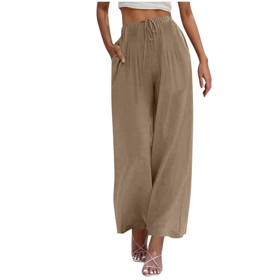 Diufon Linen Pants Women Drawstring Waist Summer Palazzo Pants Flowy Wide Leg Beach Trousers with Pockets
