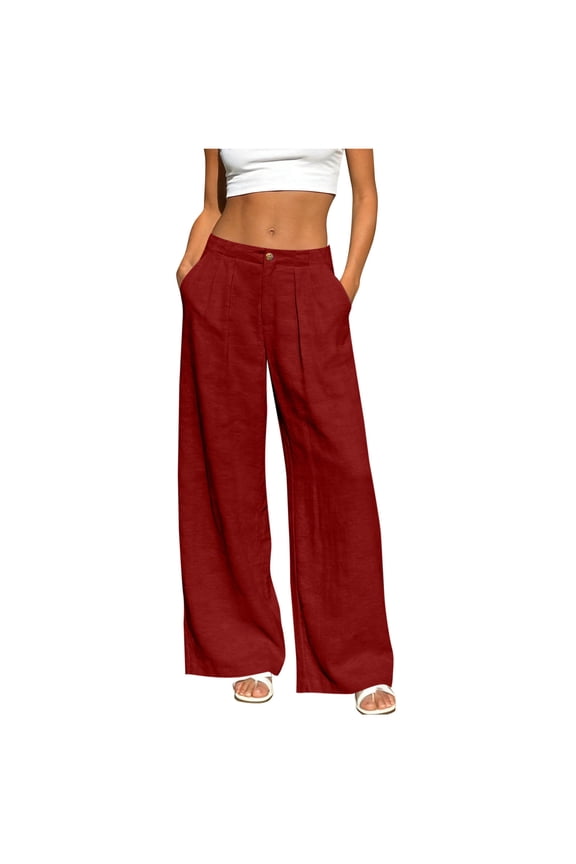 Red Linen Pants Women Casual High Waisted Wide Leg Loose Pants Spring Summer Vacation Beach Trousers with Pockets