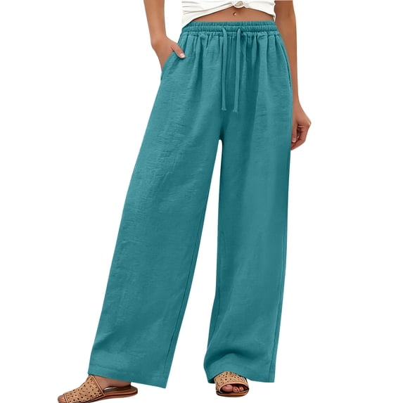 Diufon Linen Pants for Women Summer Casual High Waist Drawstring Wide Leg Pant Beach Vacation Trousers with Pockets