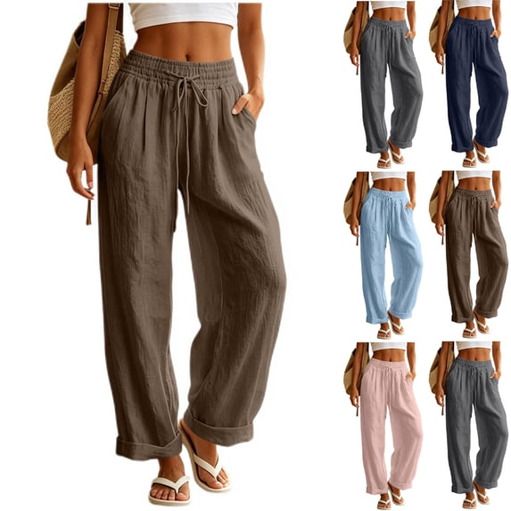 Diufon Linen Pants for Women Drawstring High Waist Palazzo Flowy Pants Wide Leg Beach Trousers with Pockets