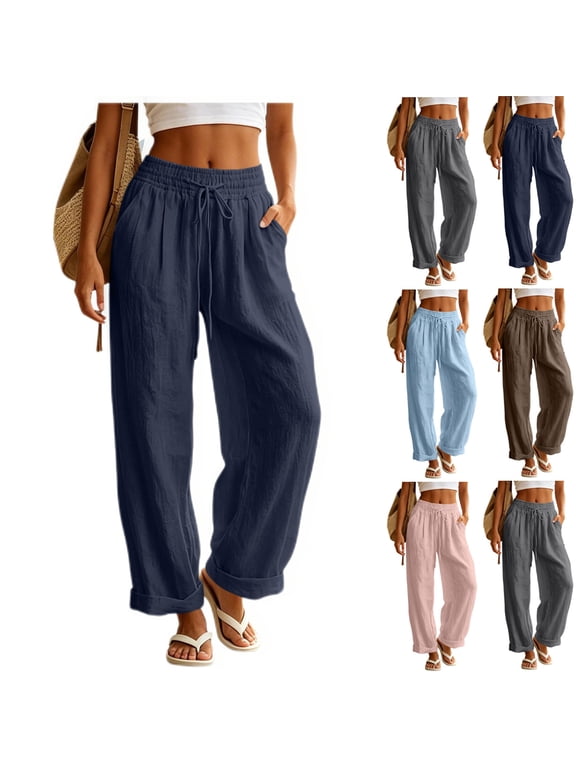 Linen Pants for Women Drawstring High Waist Palazzo Flowy Pants Wide Leg Beach Trousers with Pockets
