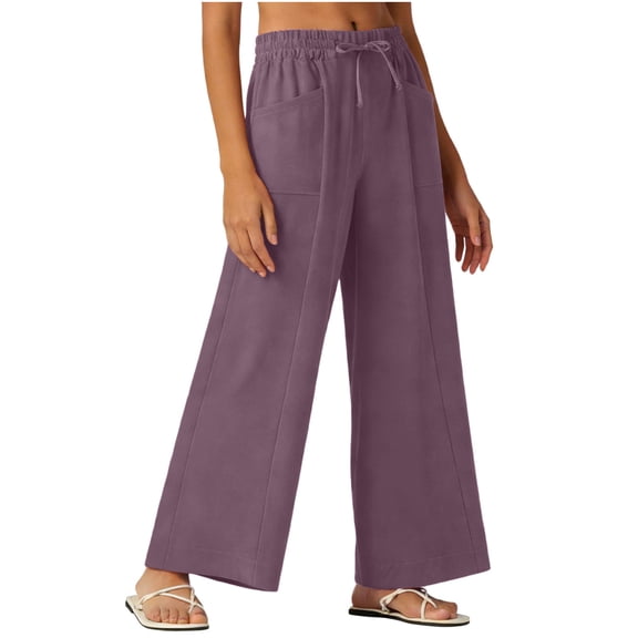 Diufon Linen Pants for Women Summer Boho Wide Leg Palazzo Pants Casual Drawstring High Waisted Trousers with Pockets