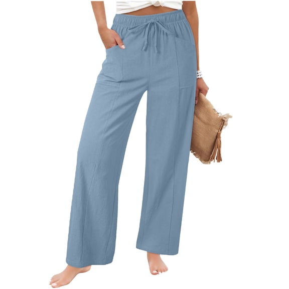 Diufon Linen Pants for Women Summer Boho Wide Leg Palazzo Pants Casual Drawstring High Waisted Trousers with Pockets