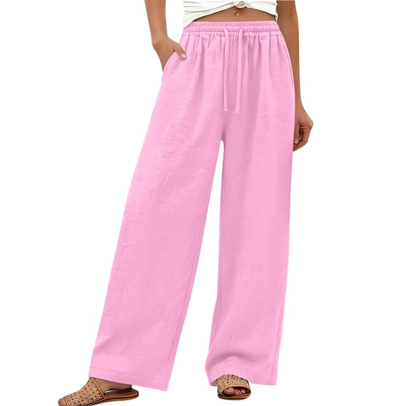 Diufon Linen Pants for Women Summer Casual High Waist Drawstring Wide Leg Pant Beach Vacation Trousers with Pockets