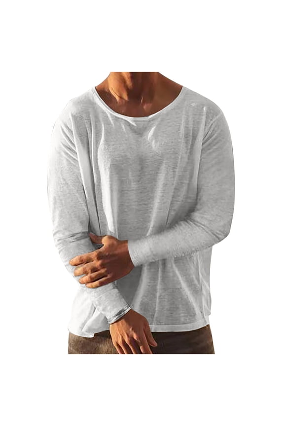 Linen Shirts for Men Casual Long Sleeve Solid Color Lightweight Crewneck Shirts Fashion Pullover Tops