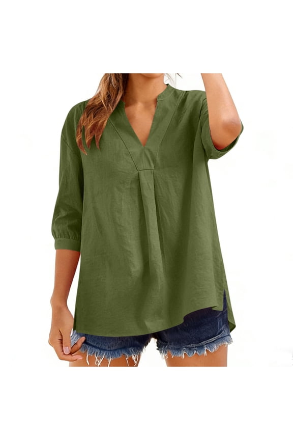 Linen Shirts for Women Half Sleeve V Neck Tee Blouses with Smocked Cuffs Spring Summer Loose Tunic Top