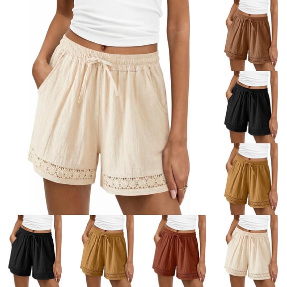 Diufon Linen Shorts for Women Summer Beach High Waisted Drawstring Shorts Cutouts Boho Short Pants with Pockets