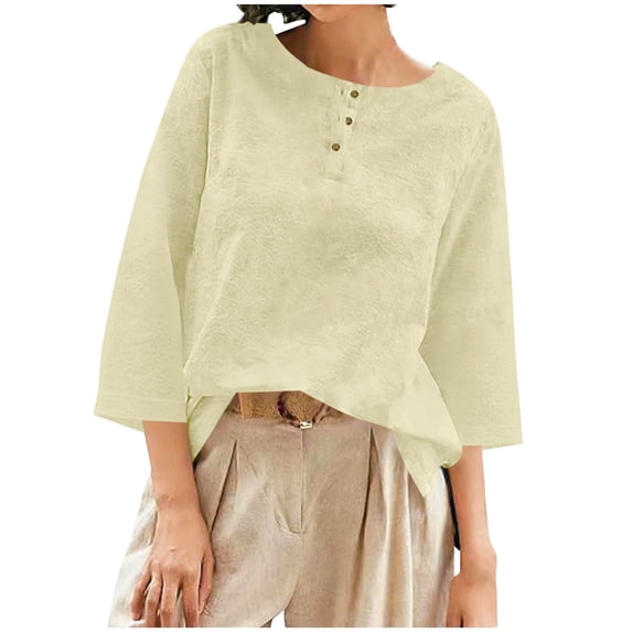 Diufon Linen Tops for Women 3/4 Sleeve Button Crew Neck Boho Shirts Casual Loose Summer Spring Blouse
