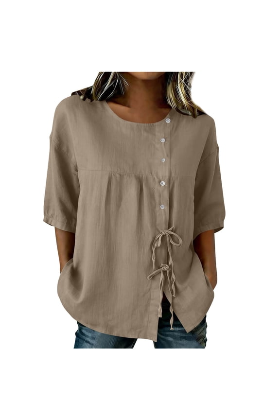 Linen Tunic Tops for Women Short Sleeve Round Neck Side Button Drawstring Waist Casual Loose Blouse