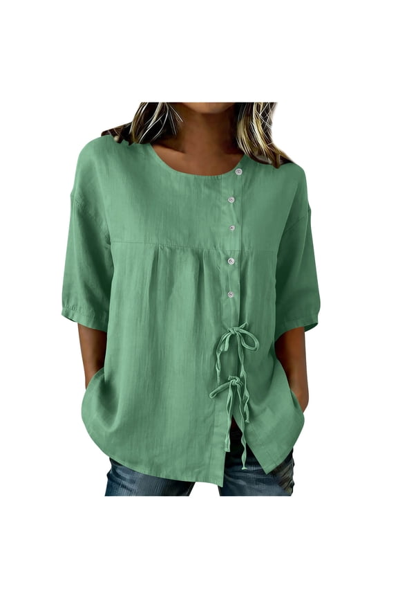 Linen Tunic Tops for Women Short Sleeve Round Neck Side Button Drawstring Waist Casual Loose Blouse