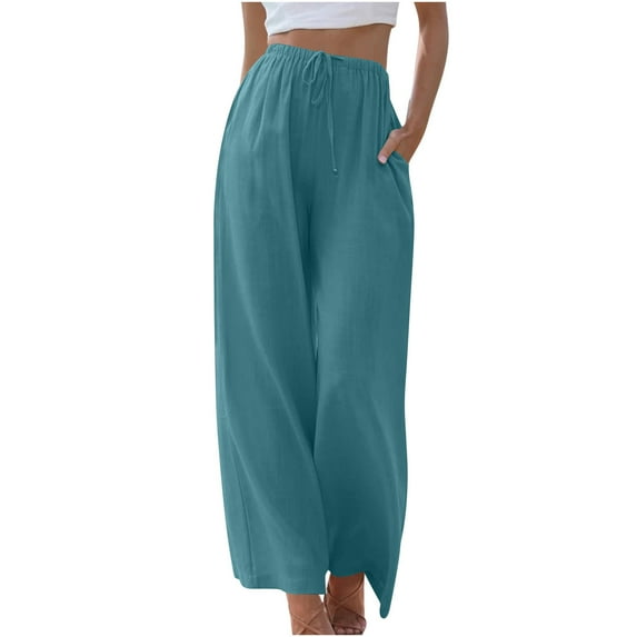 Diufon Linen Wide Leg Pants for Women Elastic High Waist Drawstring Lounge Pants Solid Color Pants with Pockets