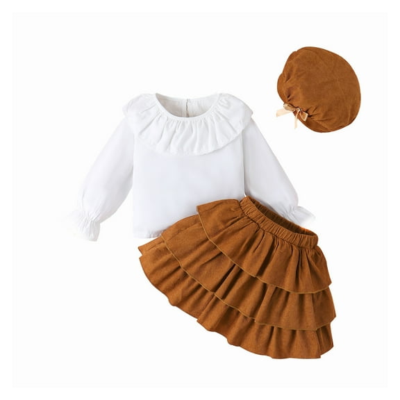 Diufon Little Girl Skirt Outfits Ruffled Long Sleeve Tops Corduroy Skirt and Hat Fall Winter Warm 3 Piece Set