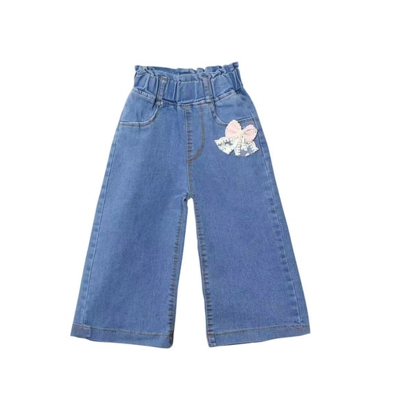 Diufon Little Girl's Denim Pants Casual Wide Leg Elastic High Waisted Jeans Lace Bow Knot Baggy Long Pants with Pockets