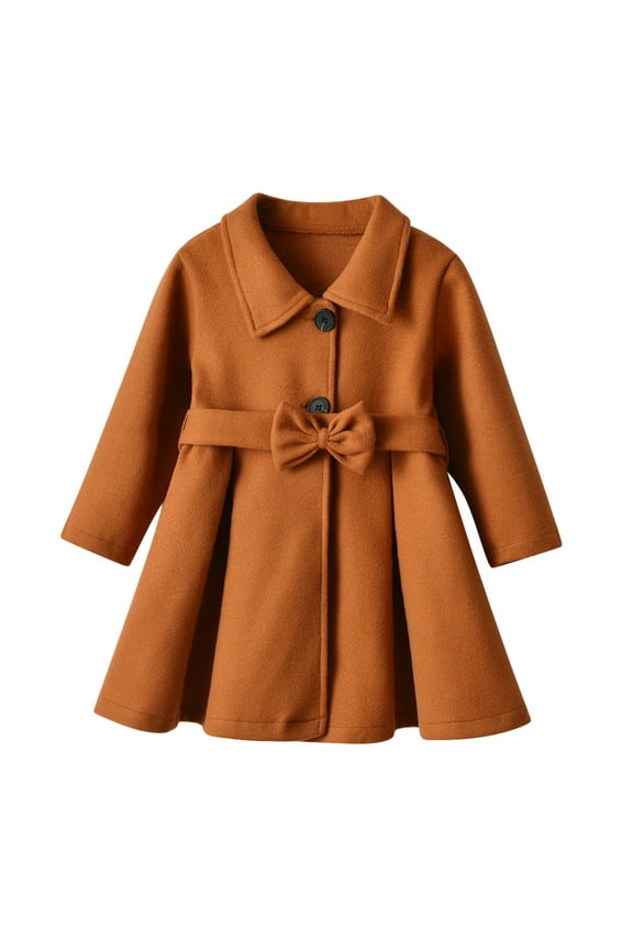 Little Girls Dress Coat Fall Winter Lapel Button Jackets Long Sleeve Outerwear with Bow Knot Belt for Girls