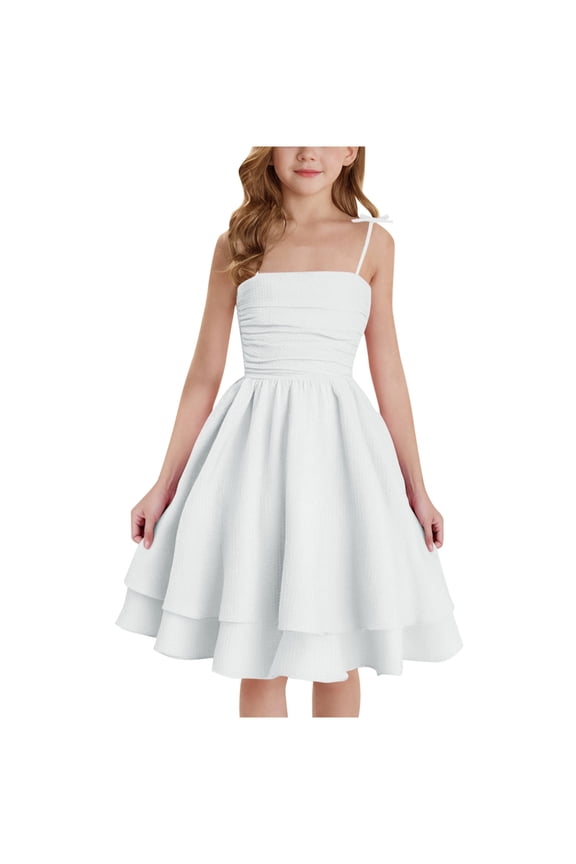 Little Girls Dresses Spaghetti Strap Elegant Smocked Gown Dress Wedding Graduation Party Layered A line Dress