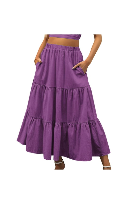 Long Skirts for Women Boho Maxi Skirt Summer Tiered A-Line Elastic High Waist Dress with Pockets Fashion