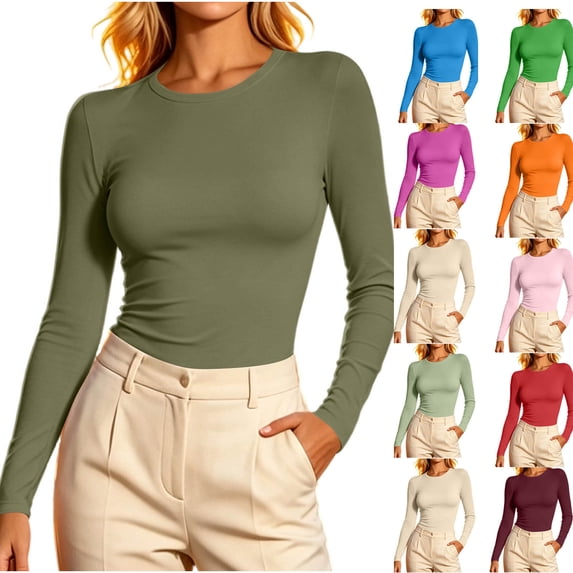 Diufon Long Sleeve Crop Tops for Women Crewneck Going Out Slim Fitted Basic Shirts Fall Fashion Base-Layer Shirts