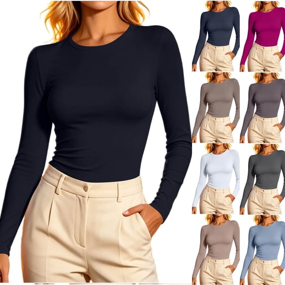 Diufon Long Sleeve Crop Tops for Women Crewneck Going Out Slim Fitted Basic Shirts Fall Fashion Base-Layer Shirts