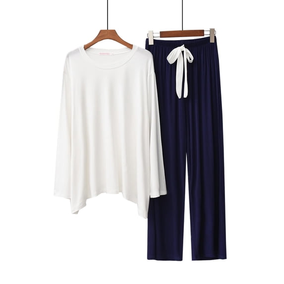Diufon Long Sleeve Pjs Sets for Women Round Neck Loungewear Tops Lace-up Elastic Waist Pants Sets