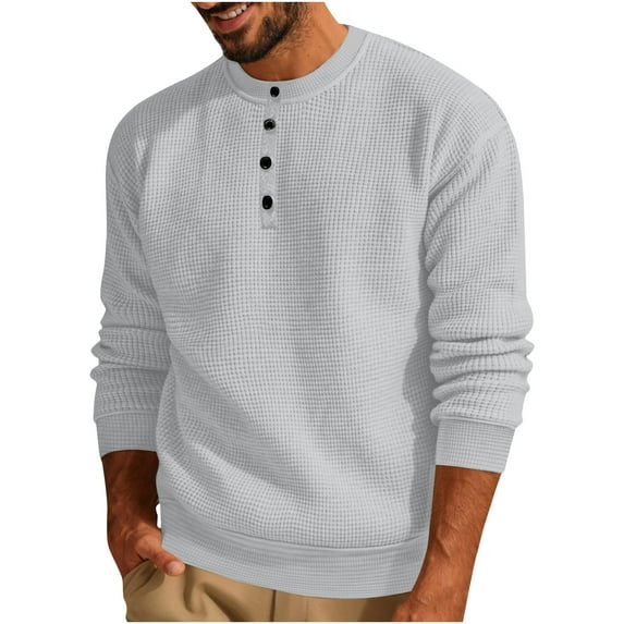Diufon Long Sleeve Shirts for Men Casual Knitted Button Down Crewneck Sweatshirt Trendy Classic Pullover Tops