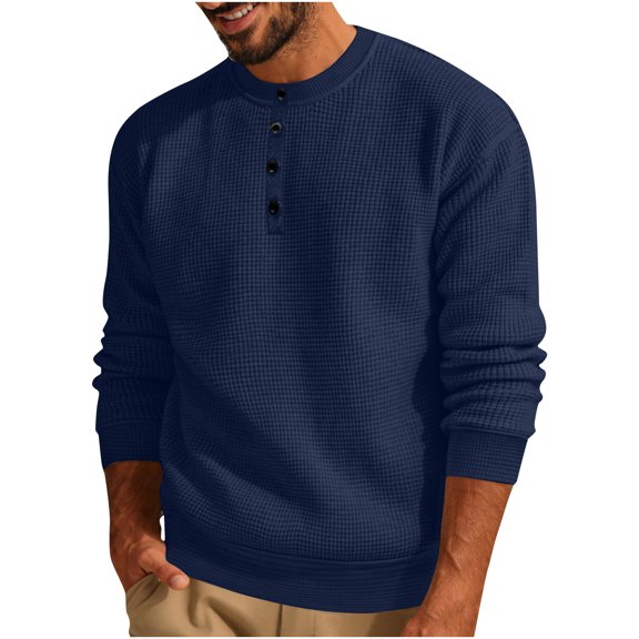 Diufon Long Sleeve Shirts for Men Casual Knitted Button Down Crewneck Sweatshirt Trendy Classic Pullover Tops