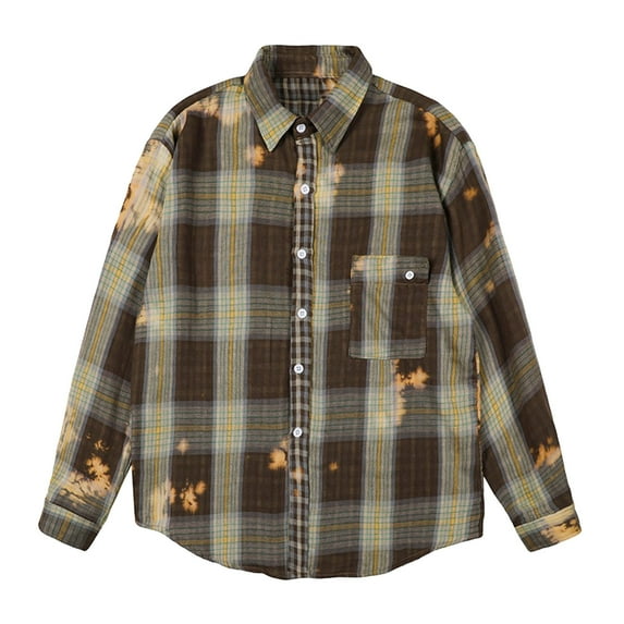 Diufon Long Sleeve Shirts for Men Plaid Lapel Button Down Jackets Casual Loose Versatile Coat with Pocket