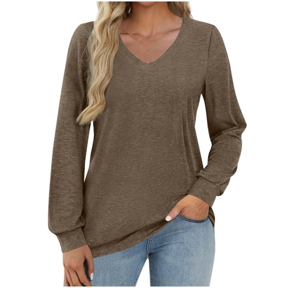 Diufon Long Sleeve Shirts for Women Dressy Casual V Neck Tops Solid Color Loose Comfortable Blouse
