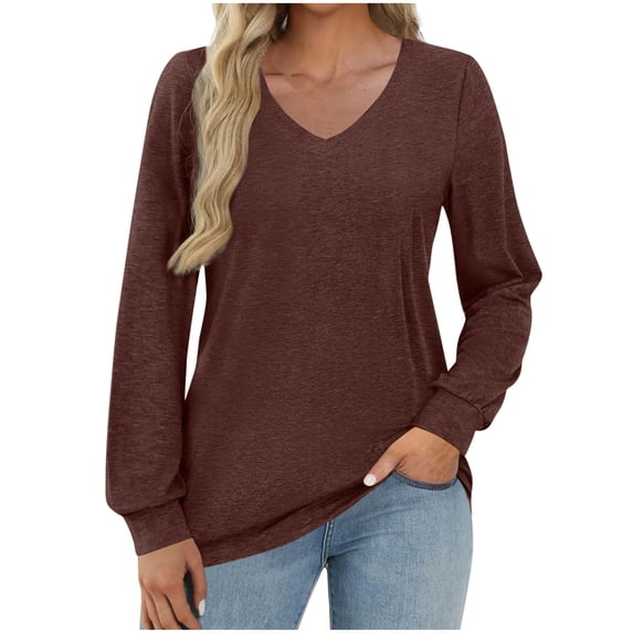 Diufon Long Sleeve Shirts for Women Dressy Casual V Neck Tops Solid Color Loose Comfortable Blouse