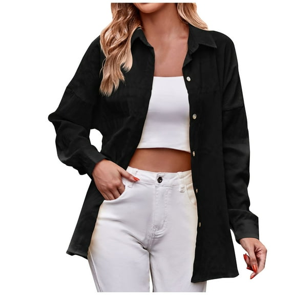 Diufon Long Sleeve Shirts for Women Fall Casual Solid Color Coats Lapel Collar Button Tops