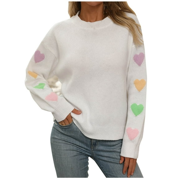 Diufon Long Sleeve Sweaters for Women Fall Round Neck Pullover Tops Trendy Heart Printed Blouses