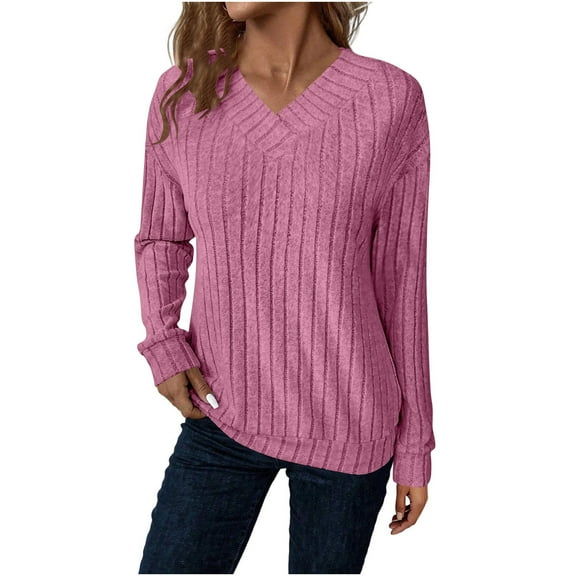 Diufon Long Sleeve Tees for Women V Neck Knitted Shirts Casual Loose Fall Fashion Sweaters Lightweight Tunic Tops