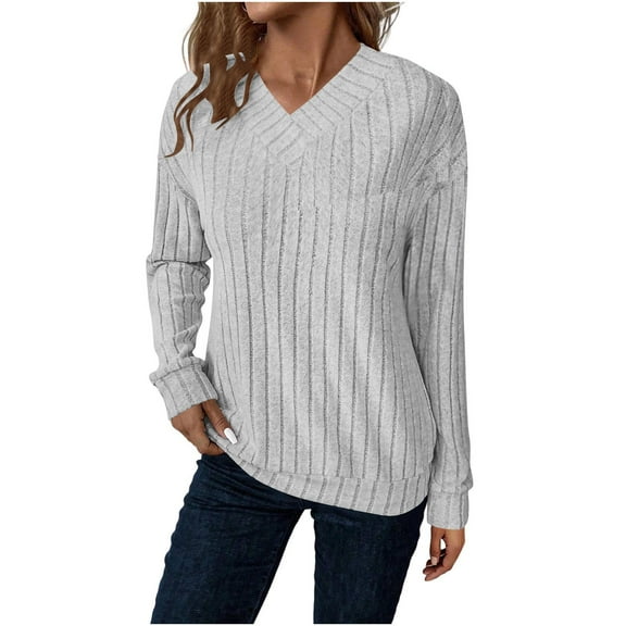 Diufon Long Sleeve Tees for Women V Neck Knitted Shirts Casual Loose Fall Fashion Sweaters Lightweight Tunic Tops