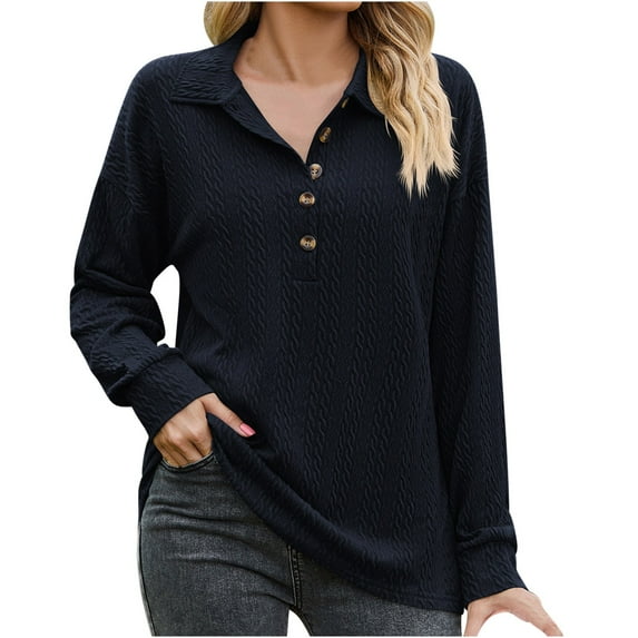 Diufon Long Sleeve Tops for Women Fall Casual Solid Color Tunics Lapel V Neck Button Blouses