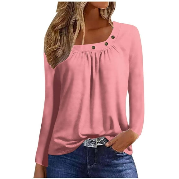 Diufon Long Sleeve Tops for Women Fall Square Neck Button Pleated Tunics Solid Color Blouses