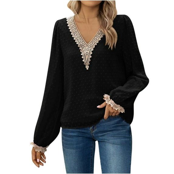 Diufon Long Sleeve Tops for Women Lace Patchwork V Neck Blouses Fall Casual Solid Color Tunics