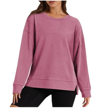 Diufon Long Sleeve Tops for Women Round Neck Pullover Tops Solid Color Side Hem Split Sweatshirt
