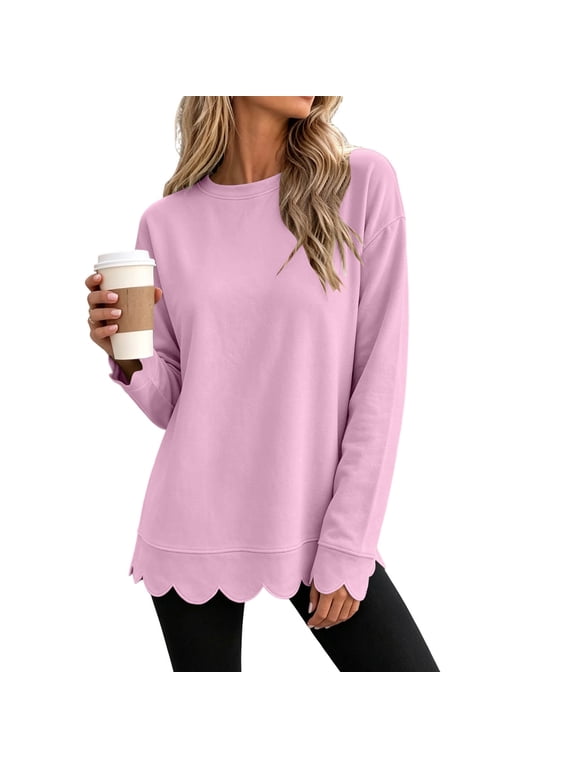 Long Sleeve Tops for Women Scalloped Hem Round Neck Loose Pullover Going Out Fall Fashion Layer Winter Clothes