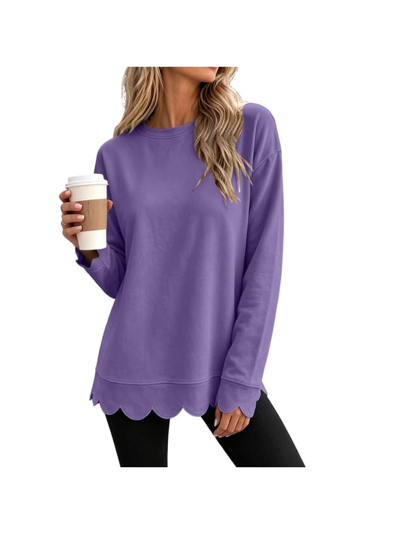 Long Sleeve Tops for Women Scalloped Hem Round Neck Loose Pullover Going Out Fall Fashion Layer Winter Clothes