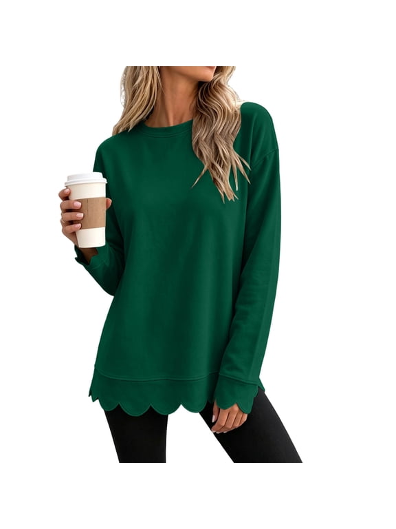Long Sleeve Tops for Women Scalloped Hem Round Neck Loose Pullover Going Out Fall Fashion Layer Winter Clothes